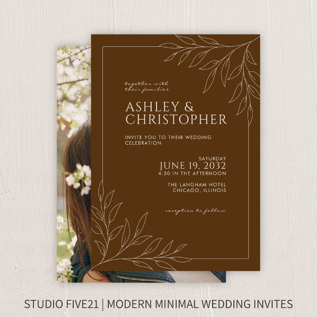 Modern Walnut Brown Foliage Outline Photo Wedding Invitation (Creator Uploaded)