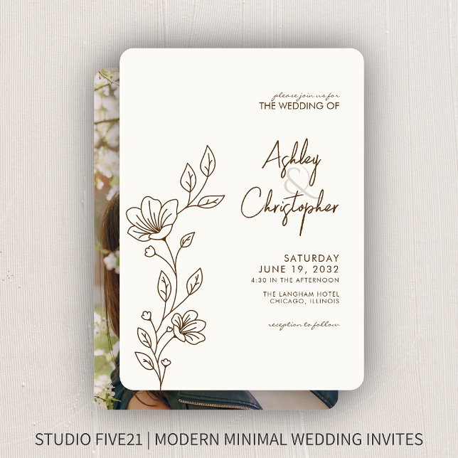 Modern Walnut Brown Foliage Outline Photo Wedding Invitation (Creator Uploaded)