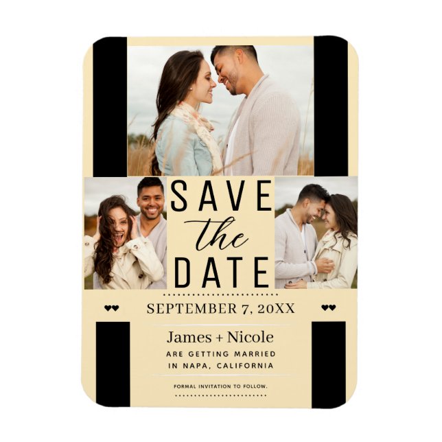 Modern Warm Custard Save the Date 3 Photo Wedding  Magnet (Vertical)