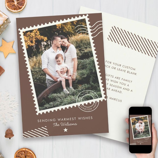 Modern Warm Earth Tone Family Photo Cute Stamp  Holiday Card (Creator Uploaded)