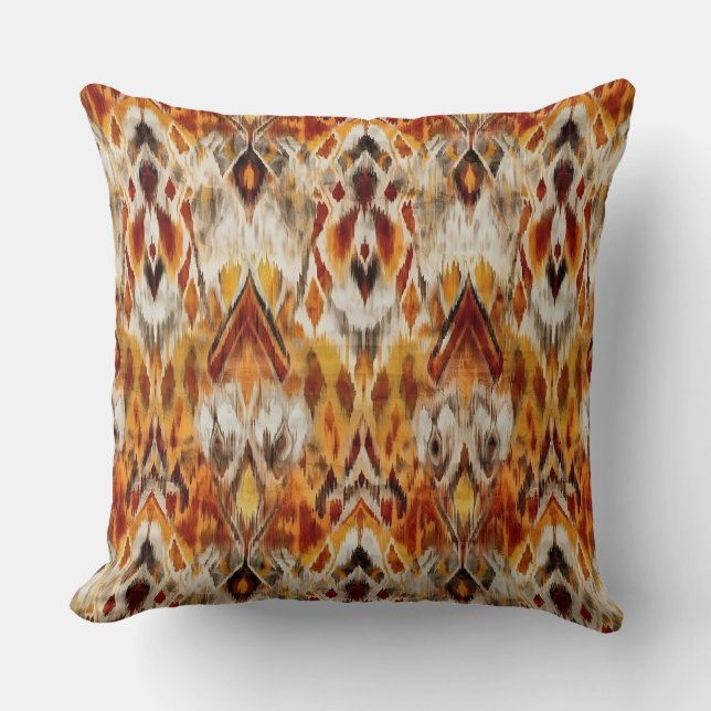 Modern Warm Neutrals Brown Orange Ikat Tribal Cushion (Front)