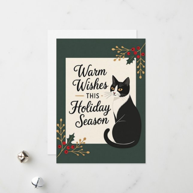 Modern Warm Wishes Cat Christmas Holiday Flat Card (Front/Back In Situ)