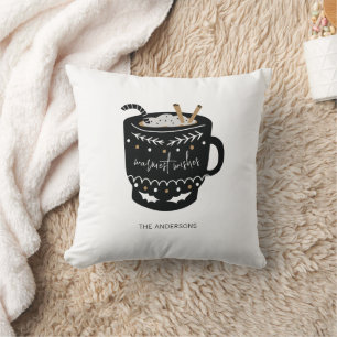 Modern Warmest Wishes Hot Cocoa Holiday Card Cushion