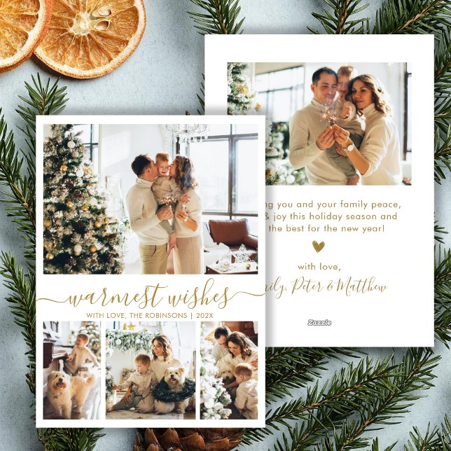 Modern Warmest Wishes Script 4 Photo Christmas Holiday Card (Creator Uploaded)