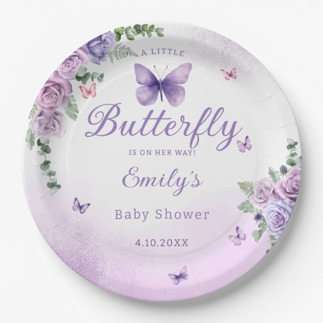 Modern Watercolo Butterfly floral girl baby shower Paper Plate (Front)