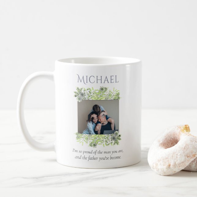Modern Watercolor 2 Photos Husband Father's Day Coffee Mug (With Donut)