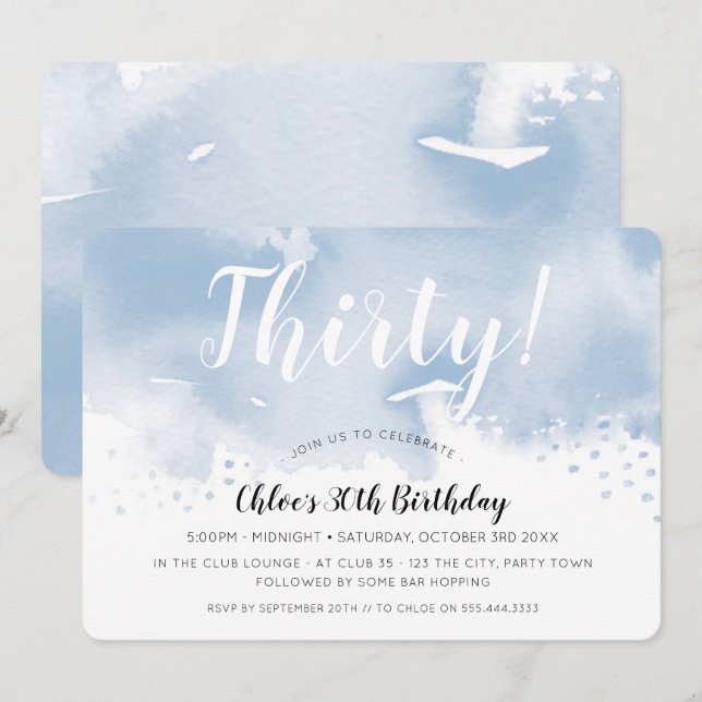 MODERN WATERCOLOR 30th stylish birthday party blue Invitation (Front/Back)