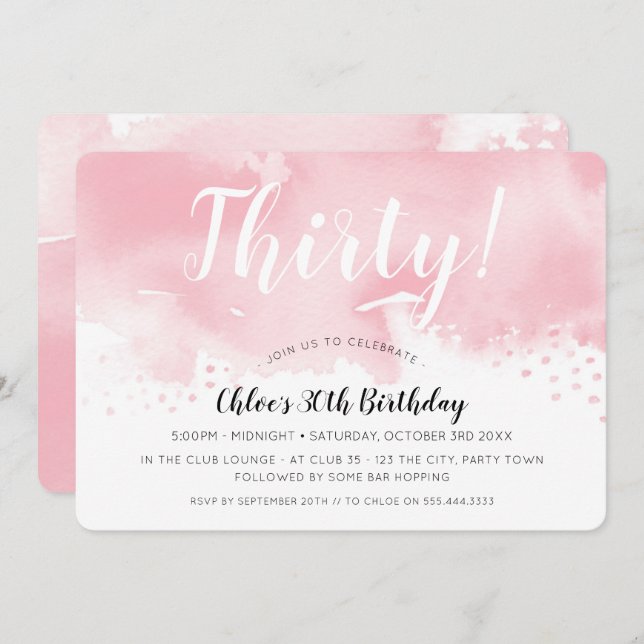 MODERN WATERCOLOR 30th stylish birthday party pink Invitation (Front/Back)