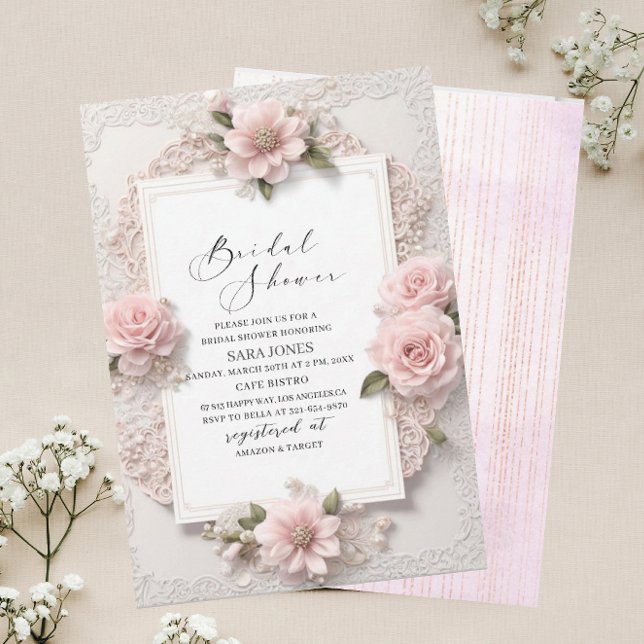 Modern Watercolor 3D Pink flowers Bridal Shower Invitation (Creator Uploaded)