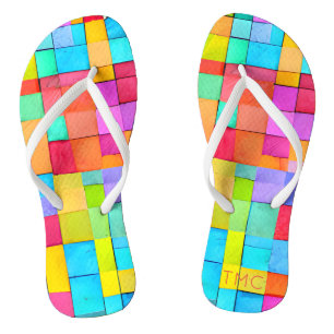 Modern Watercolor Abstract Art INITIALS Bright Fun Flip Flops