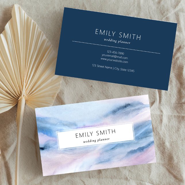 Modern Watercolor Abstract Blue Pink Teal Pastel Business Card (Simple Elegant Blue Watercolor Abstract)