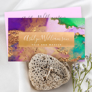Modern watercolor agate gold purple aqua green business card