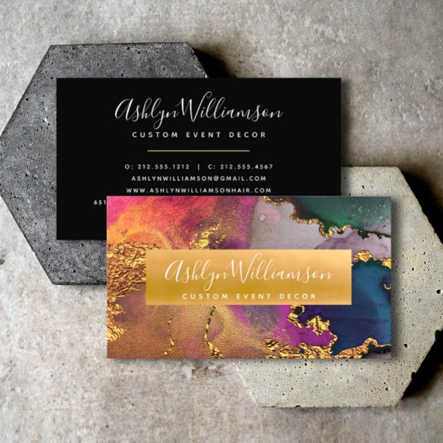 Modern watercolor agate gold purple blue script business card (Creator Uploaded)