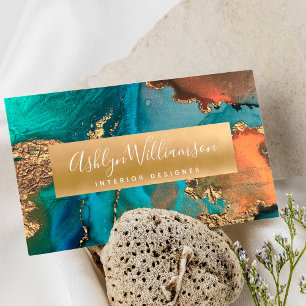 Modern watercolor agate turquoise orange gold bold business card