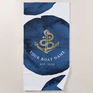 Modern Watercolor Anchor Add Boat Name Navy Blue Beach Towel