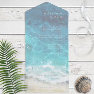 Modern Watercolor Aqua Beach & Sea No Dinner All In One Invitation