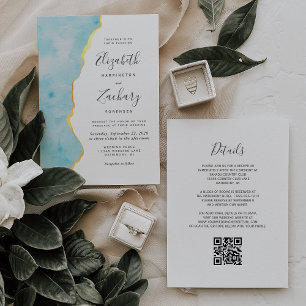 Modern Watercolor Aqua Blue Agate QR Code Wedding Invitation