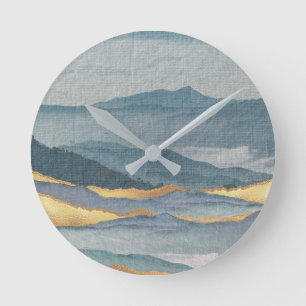 Modern Watercolor Art Blue and Gold Waves Round Clock