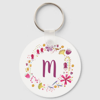 Modern Watercolor Autumn Flower Monogram Key Ring