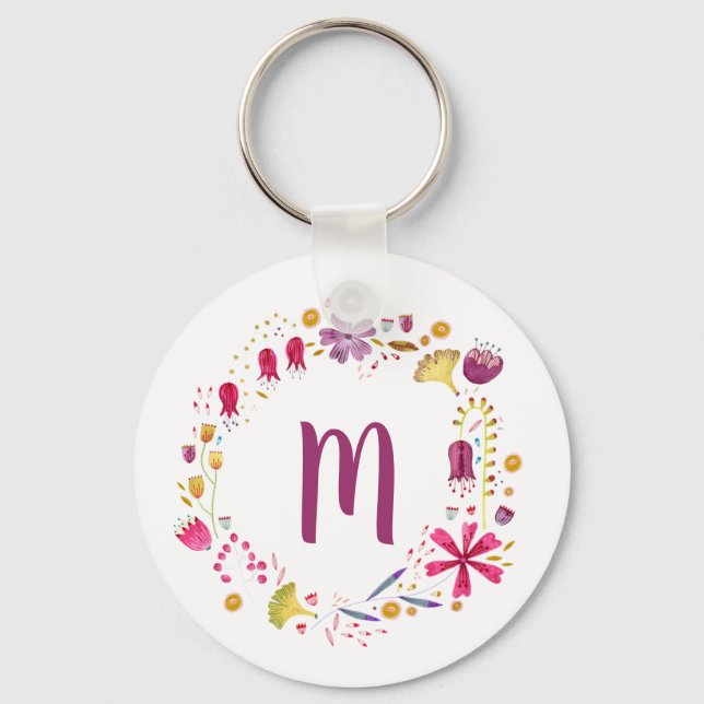 Modern Watercolor Autumn Flower Monogram Key Ring (Front)