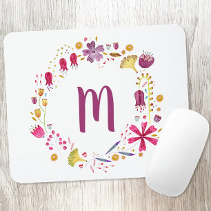 Modern Watercolor Autumn Flower Monogram Mouse Mat