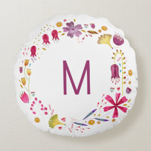 Modern Watercolor Autumn Flower Monogram Round Cushion