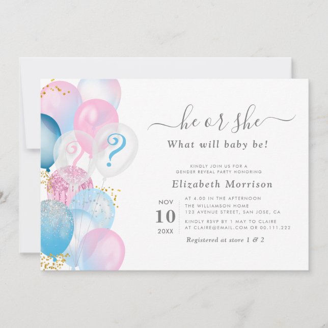 modern watercolor baloons gender reveal invitation (Front)