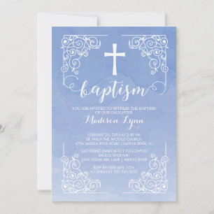 Modern Watercolor Baptism Christening Cross Invitation