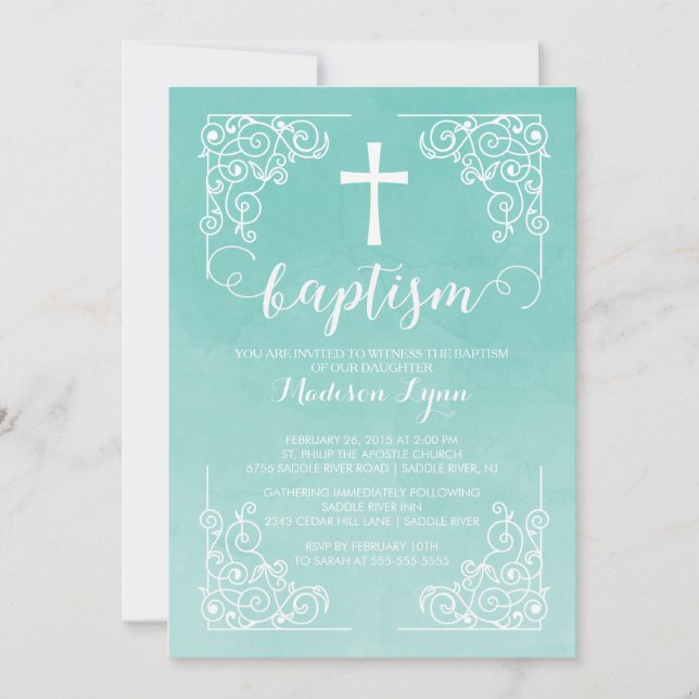 Modern Watercolor Baptism Christening Cross Invitation (Front)
