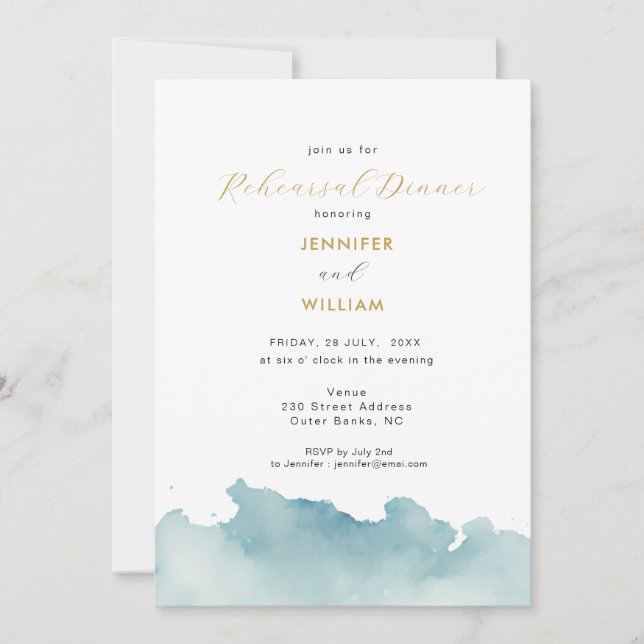 Modern Watercolor Beach wedding rehearsal dinner  Announcement (Front)