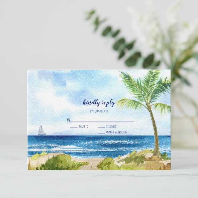 Modern Watercolor Beach Wedding RSVP Card (Standing Front)