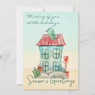 Modern Watercolor Bird House Script Holiday Card