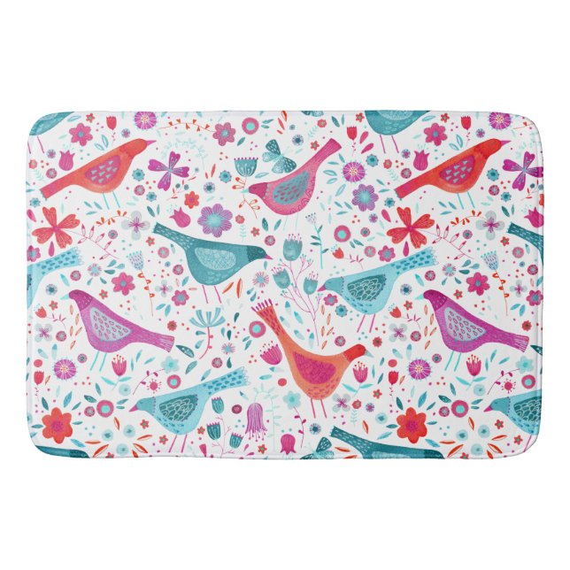 Modern Watercolor Birds and Flowers Colourful Bath Mat (Front)