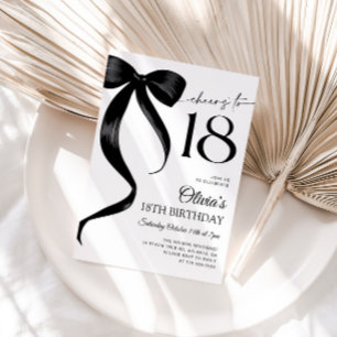 Modern Watercolor Black Bow 18th Birthday Invitation