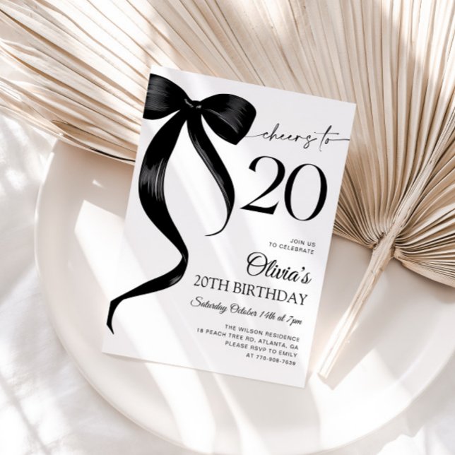 Modern Watercolor Black Bow 20th Birthday Invitation (Creator Uploaded)