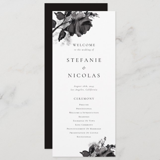 Modern Watercolor Black Rose Wedding Ceremony Programme (Front/Back)