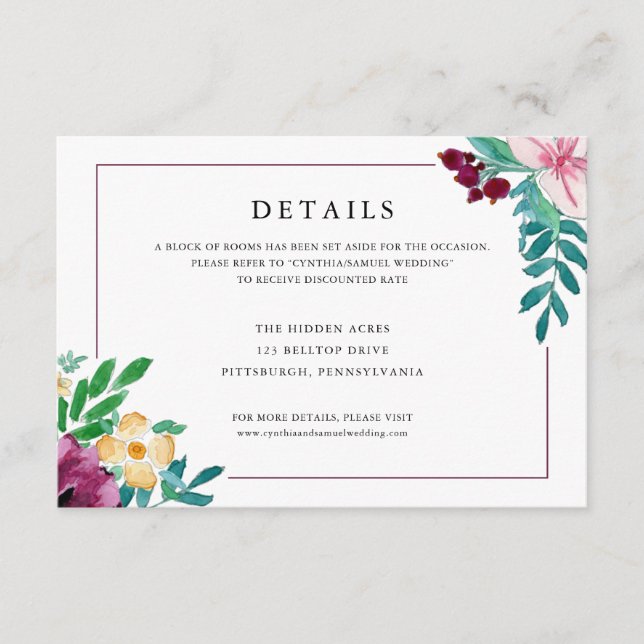 Modern Watercolor Blooms Wedding Details Enclosure Card (Front)