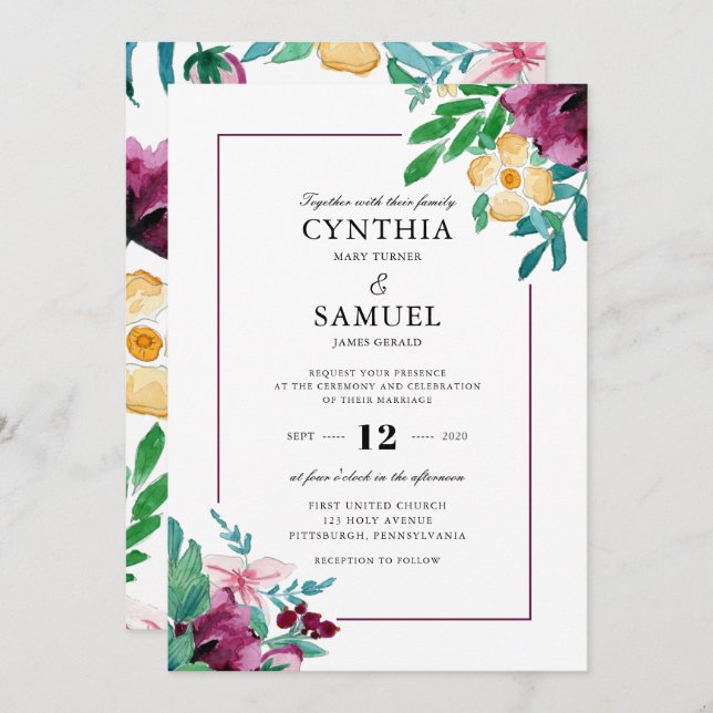 Modern Watercolor Blooms Wedding Invitation (Front/Back)