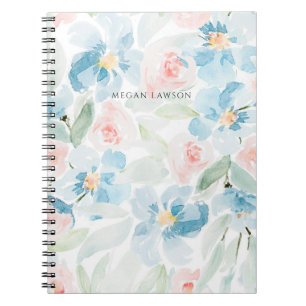 Modern Watercolor Blue and Blush Flowers Notebook