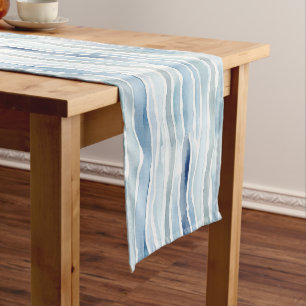 Modern Watercolor Blue and White Stripe Pattern Short Table Runner