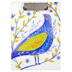 Modern Watercolor Blue and Yellow Bird Art Clipboard