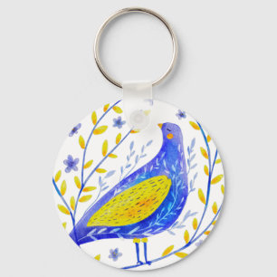 Modern Watercolor Blue and Yellow Bird Art Key Ring