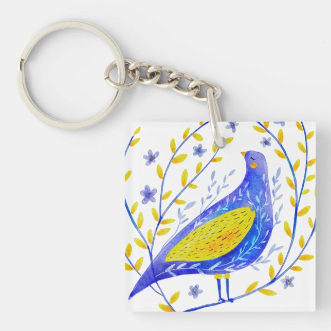 Modern Watercolor Blue and Yellow Bird Art Key Ring (Front)