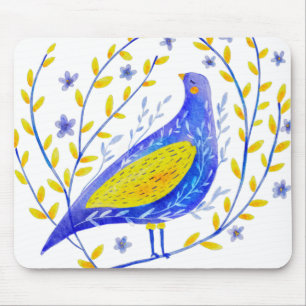 Modern Watercolor Blue and Yellow Bird Art Mouse Mat