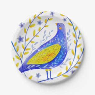 Modern Watercolor Blue and Yellow Bird Art Paper Plate