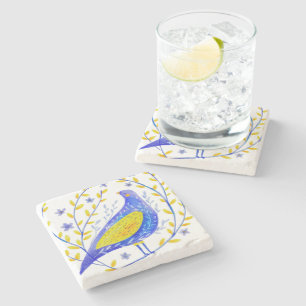 Modern Watercolor Blue and Yellow Bird Art Stone Coaster