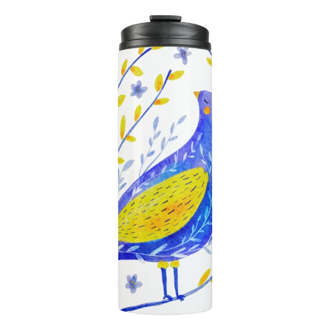 Modern Watercolor Blue and Yellow Bird Art Thermal Tumbler (Front)