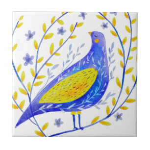 Modern Watercolor Blue and Yellow Bird Art Tile