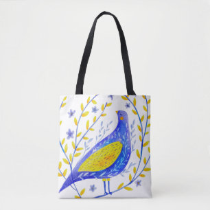 Modern Watercolor Blue and Yellow Bird Art Tote Bag