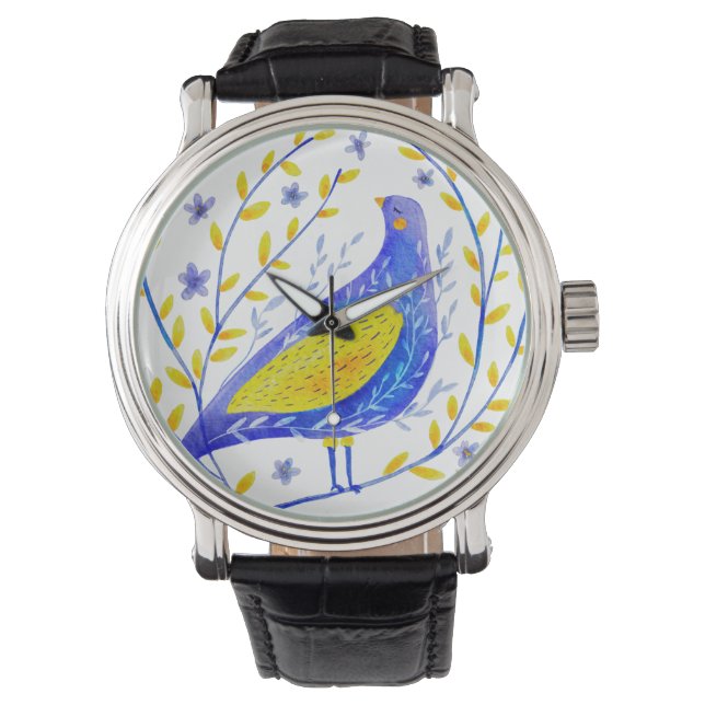 Modern Watercolor Blue and Yellow Bird Art Watch (Front)